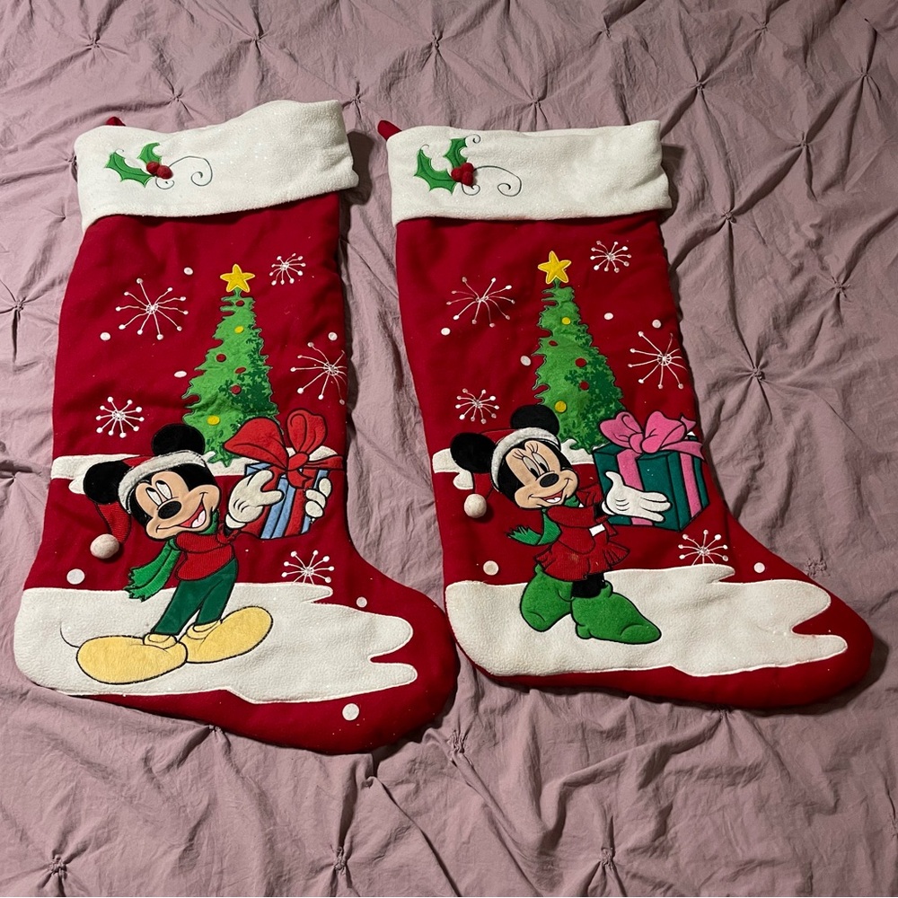 SOLD Disney Red and Green Holiday Stockings Mickey and Minnie Preloved Vintage